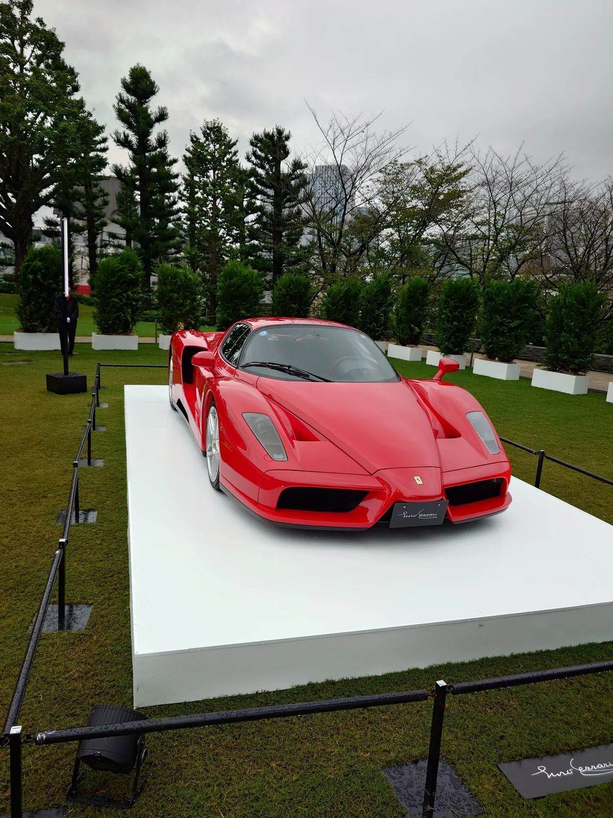 芝生の奥の台座に置かれたエンツォ・フェラーリを離れて撮った写真